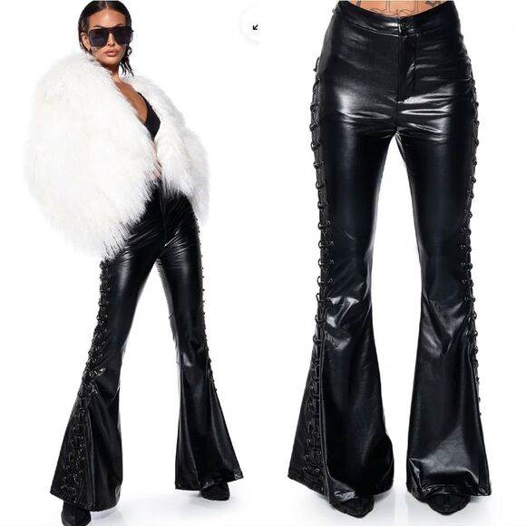 AKIRA Black Perfect Control Faux Leather Lace Up Flare Pants LG *NO OFFERS* - Picture 3 of 16